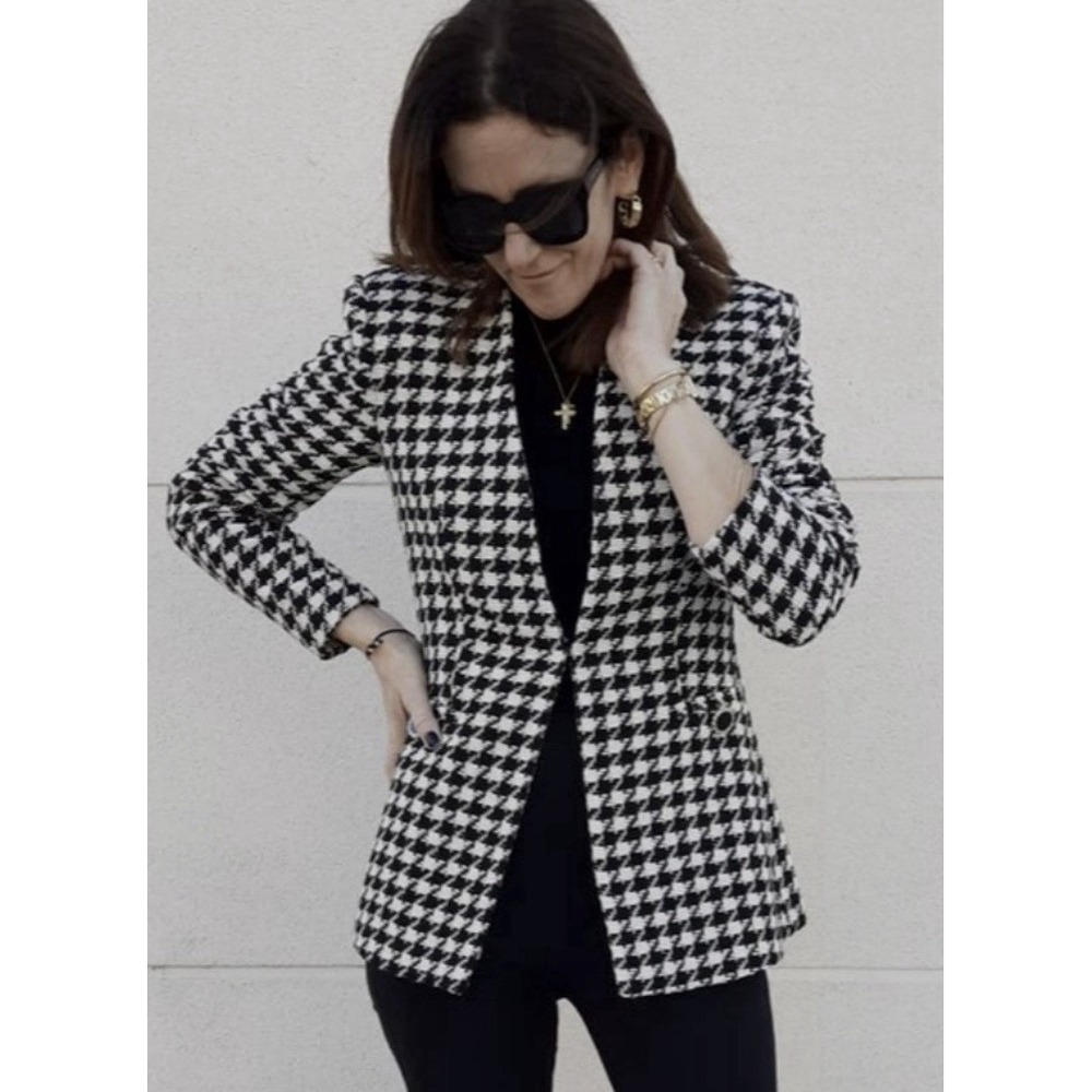Zara Textured Houndstooth Blazer Jacket Black White Womens Sz S Career‎